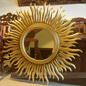 Pigura Kaca Cermin Hias Bulat Model Matahari Warna Emas Mewah